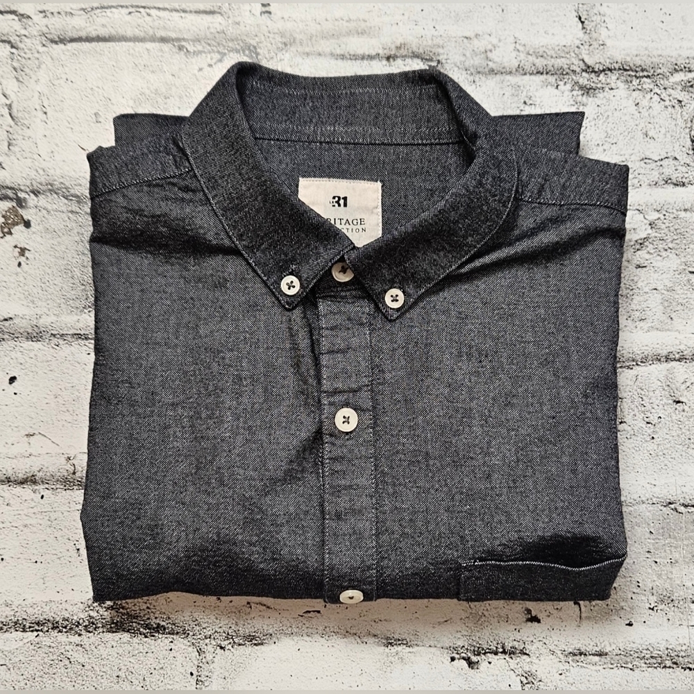 Le 31 Simons Mens Slim Fit Shirt Dark Grey Melange Button Down Small